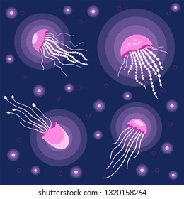 Glowing pink jellyfish. Sea jellyfish in the water. Cute bright vector jellyfish. Sea set. On blue background.
