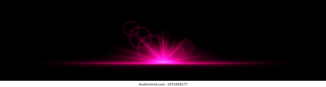 Glowing pink light burst on a dark background. Bright neon explosion with radiant beams, circular bokeh, and energy flare. Abstract illumination with vibrant glow and futuristic effect.