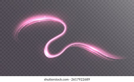 Glowing pink light trail with sparkles and smooth curves on transparent background. Ideal for magic effects, fantasy motion graphics, or romantic digital designs. 