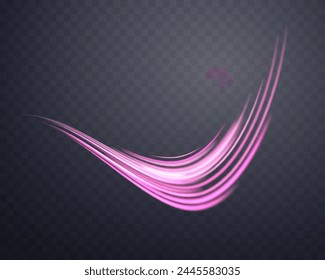 Glowing pink lines. Neon realistic energy speed. Abstract light effect on a dark transparent background. Vector illustration.
