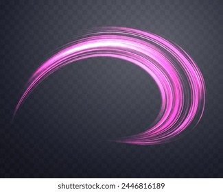 Glowing pink lines. Neon realistic energy speed. Abstract light effect on a dark transparent background. Vector illustration.