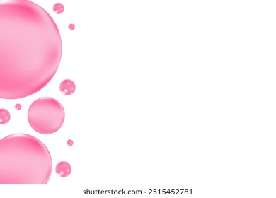Burbujas líquidas de color rosa brillante o gotas de gelatina líquida aisladas sobre fondo transparente. Composición estética para cosmetología, ciencia de la belleza, concepto molecular de cuidado de la piel.