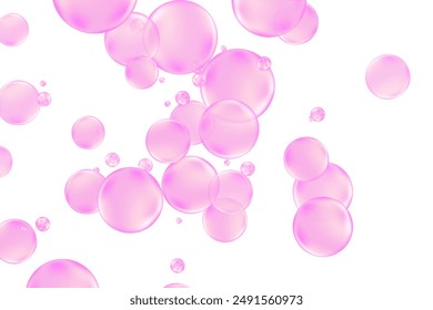 Glowing pink liquid particles bubbles pattern, fluid shiny droplets isolated on transparent background. Aesthetic composition for cosmetology, beauty science, skin care molecular concept.
