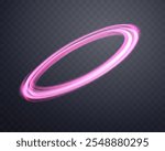 Glowing pink magic rings. Dynamic orbital flare halo ring. Neon realistic energy swoosh swirl. Abstract light effect on a dark transparent background. Vector illustration.