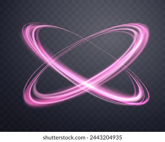 Glowing pink magic rings. Dynamic orbital flare halo ring. Neon realistic energy swoosh swirl. Abstract light effect on a dark transparent background. Vector illustration.