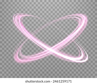 Glowing pink magic rings. Dynamic orbital flare halo ring. Neon realistic energy swoosh swirl. Abstract light effect on a transparent background. Vector illustration.