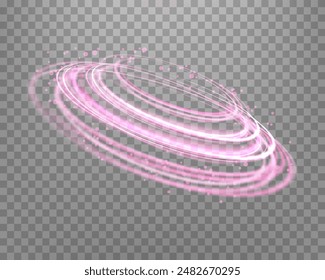 Glowing pink magic rings. Dynamic orbital flare halo ring. Neon realistic energy swoosh swirl. Abstract light effect on a transparent background. Vector illustration.