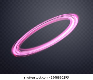 Glowing pink magic rings. Dynamic orbital flare halo ring. Neon realistic energy swoosh swirl. Abstract light effect on a dark transparent background. Vector illustration.