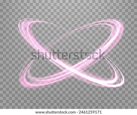 Glowing pink magic rings. Dynamic orbital flare halo ring. Neon realistic energy swoosh swirl. Abstract light effect on a transparent background. Vector illustration.