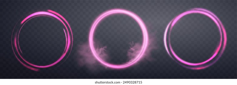 Glühende rosa magische Ringe. Neon realistische Energie Flare Halo Ringe. Abstrakter Lichteffekt auf einem dunklen transparenten Hintergrund. Vektorillustration.