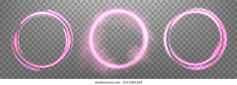 Glühend rosa Zauberringe. Neon realistische Energie Fackel Halo Ringe. Abstrakter Lichteffekt auf transparentem Hintergrund. Vektorgrafik.