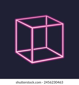 Glowing pink neon cube on a dark background. 3d cube neon icon, futuristic box. 3d render, abstract geometric figure. Simple ultraviolet icon for websites, web design, mobile app, info graphics.