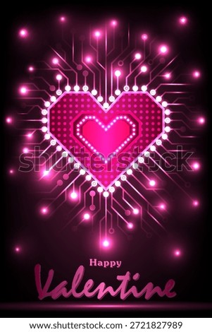 A glowing pink neon heart designed as a digital circuit board with light effects and "Happy Valentine" text on a dark background, blending technology with romance.