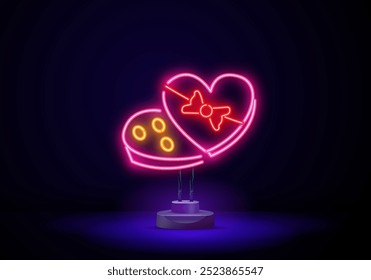 A glowing pink neon light heart with the words love you, vector illustration.