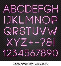 Glowing pink neon lights alphabet with capital letters and numbers. Isolated objects abc, typeset, font, uppercase characters, easy to change color and place on any dark background, vector EPS 10