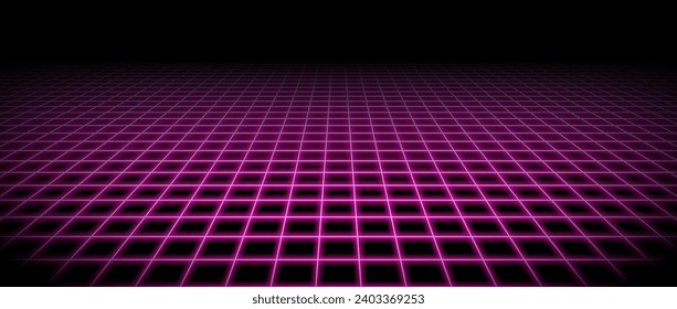 Glowing pink neon wireframe horizon background. Magenta grid room floor in perspective. Bright retro futuristic wallpaper. Abstract checkered plane landscape. Game cyber surface. Vector backdrop