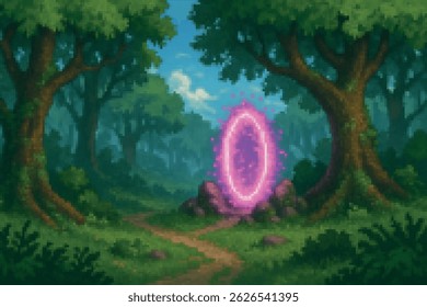 A glowing pink portal hovers in a forest path under a blue sky. A magical pixel landscape that fits fantasy games and dreamlike storytelling.