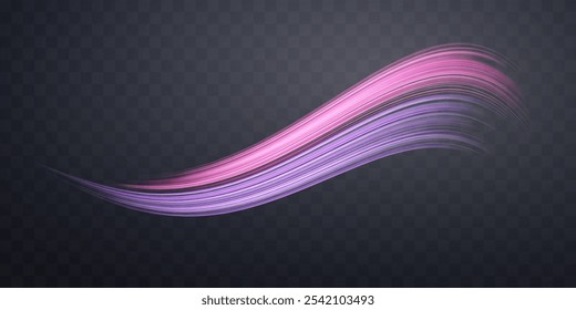 Glowing pink and purple lines. Dynamic neon realistic energy speed wave. Abstract curve twirl light effect on a dark background. Vector illustration.