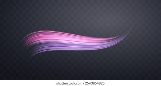Glowing pink and purple lines. Dynamic neon realistic energy speed wave. Abstract curve twirl light effect on a dark background. Vector illustration.