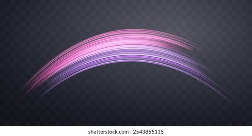 Linhas rosas e roxas brilhantes. Onda de velocidade de energia realista neon dinâmico. Efeito de luz de giro de curva abstrata em um plano de fundo escuro. Ilustração vetorial.