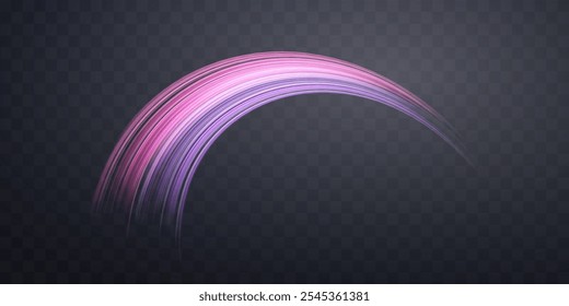 Glowing pink and purple lines. Dynamic neon realistic energy speed wave. Abstract curve twirl light effect on a dark background. Vector illustration.