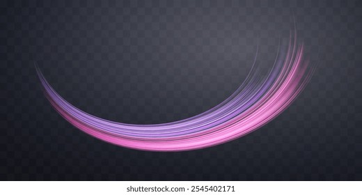 Glowing pink and purple lines. Dynamic neon realistic energy speed wave. Abstract curve twirl light effect on a dark background. Vector illustration.