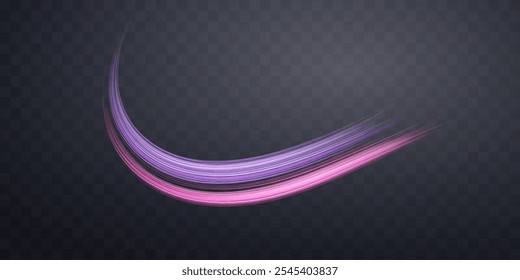 Glowing pink and purple lines. Dynamic neon realistic energy speed wave. Abstract curve twirl light effect on a dark background. Vector illustration.
