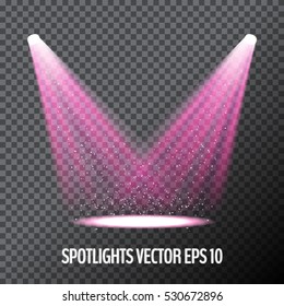 Glowing pink spotlights. Pair of magenta illumination stage lights. Vector illustration for your graphic design.