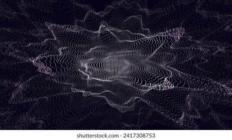 Glowing pink wave with motion dots and top view. Abstract digital background. Particle explosion. Concept connection big data. Futuristic technology backdrop. Vector illustration.