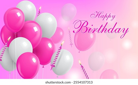 glowing pink and white balloons and birthday candles decorative light pink bright background template, happy birthday celebration greeting card,invitation backdrop vector illustration.