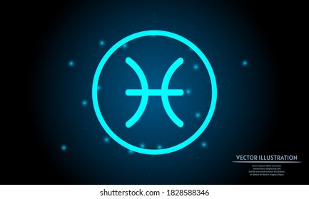 glowing pisces zodiac sign on dark blue background of the space with shining stars. zodiac glowing backgraound. Neon zodiac sign