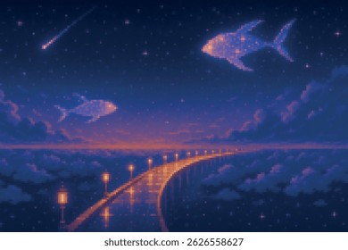 A glowing pixel art bridge stretches through the night sky among clouds and stars. Giant starry fish swim through space above — a dreamy, magical fantasy journey begins.
