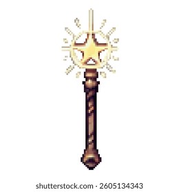 Glowing pixel art magic wand with a radiant golden star and sparkles. Twisted brown handle. Ideal for fantasy RPGs, magical effects, wizards, or enchanting game items. Isolated on white background.