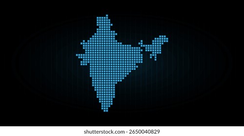 A glowing, pixelated map of India dominates the dark background, formed by a grid of blue squares, creating a modern, digital representation of the country's geographical shape in a geometric design.