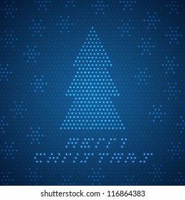 Glowing pixels Christmas card with Christmas tree and snowflakes.  Vector illustration.
