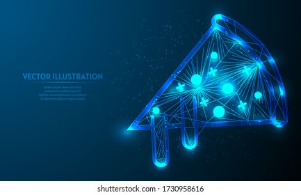 Glowing pizza on blue abstract background. low poly pizza backgraound. lines and triangles on blue background. 