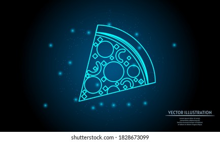glowing pizza on dark blue background of the space with shining stars. glowing backgraound. Neon pizza sign