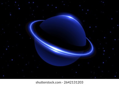 Glowing planet with luminous rings in outer space. Abstract illustration of a Saturn-like planet surrounded by stars on dark background. Futuristic cosmic vector illustration.