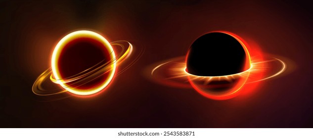 Glowing planetary spheres with luminous rings on dark background. Two cosmic orbs with bright yellow and red halos with celestial lighting effects. Realistic space astronomical design elements.