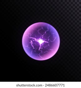 Glowing Plasma Ball. Energy magic portal. An explosion of plasma energy inside a ball with a lot of ball lightning. Vector for web design and illustrations.