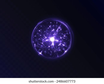 Glowing Plasma Ball. Energy magic portal. An explosion of plasma energy inside a ball with a lot of ball lightning. Vector for web design and illustrations.