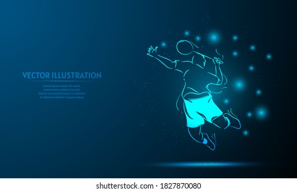 bádminton, jugador brillante, sobre un fondo azul oscuro del espacio con estrellas brillantes.