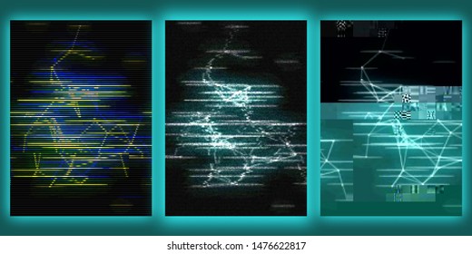 Glowing plexus structure covers design. Distorted glitch background.  Wallpapers in a cyberpunk style. Creative graphic design for poster,brochure,flyer and card.