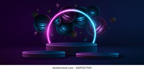 Glowing podium with levitating 3d spheres textured with striped pattern. Pedestal with blue and purple neon arc to display your brand product. Vector illustration. EPS 10