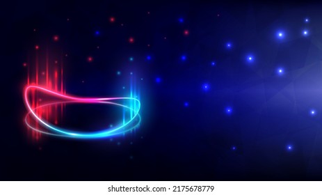 Glowing podium and stage effect. Neon circle light line with shadow on ground. Product showing display and web template. Abstract red and blue elements