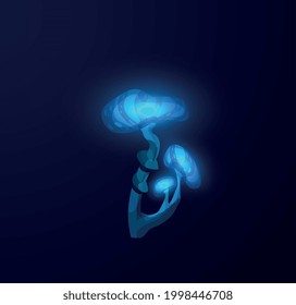 Glowing with poisonous blue light magic fantasy mushrooms or toadstools, flat vector illustration isolated on dark background. Bright luminescent shiny unusual mushroom.