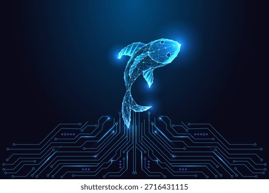Glowing polygon digital fish above circuit board, symbolizing marine technology, aquatic data systems, sustainability, biotech and futuristic ocean innovation. Neon blue low-poly vector illustration