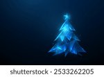 Glowing polygonal Christmas tree in blue light on dark background, digital futuristic holiday concept