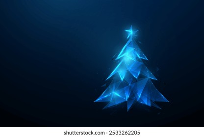 Glowing polygonal Christmas tree in blue light on dark background, digital futuristic holiday concept