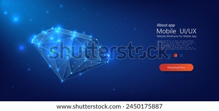 Glowing Polygonal Diamond on Dark Blue Background. A digitally rendered diamond with a network of interconnected points, illustrating concepts of complexity and connection. Vector illustration